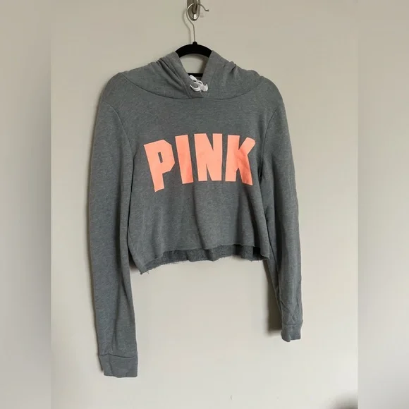 PINK Victoria’s Secret Cropped Hoodie Gray Neon Logo Size S - Picture 2 of 9